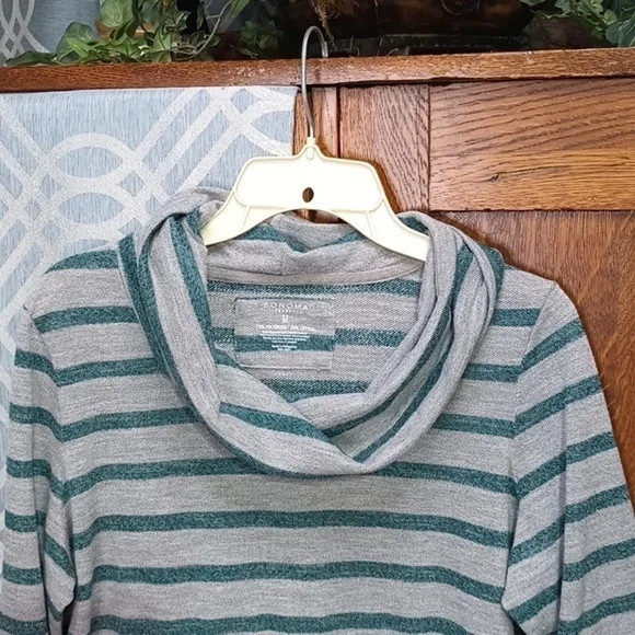 C1-50 Cowl Neck Gray & Forest Green Striped Long Sleeve Swing Sweatshirt (Med) - Picture 5 of 5